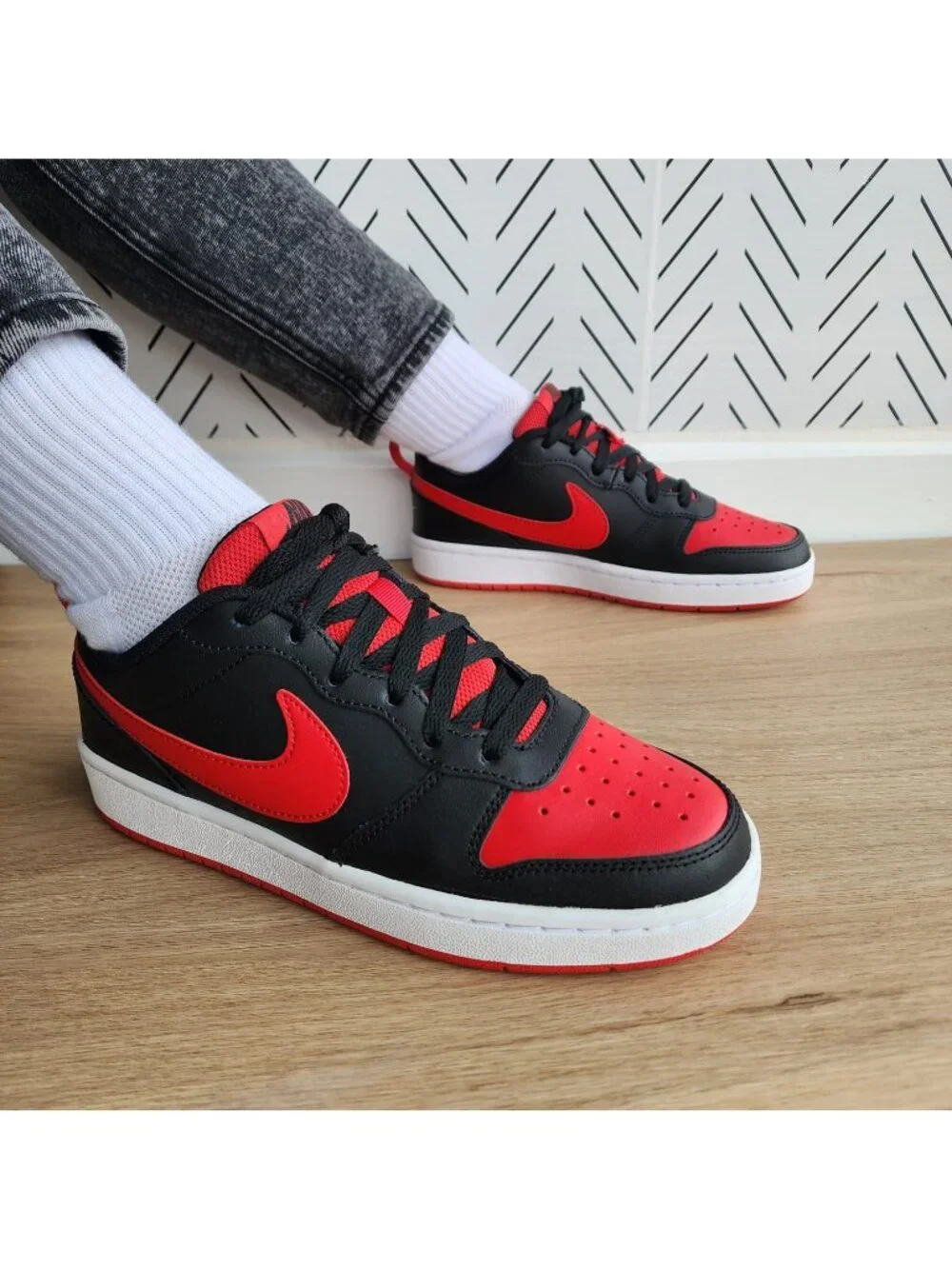 ❤️Nike Court Borough Low2 GS 5Y Big Kids Youth Shoes Black Red Retro BQ5448-007